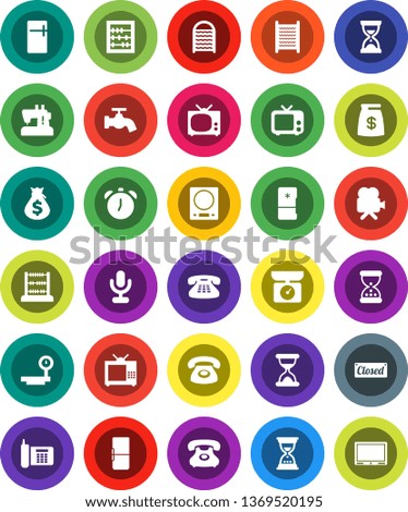 White Solid Icon Set- water tap vector, washboard, alarm clock, abacus, money bag, sand, phone, big scales, tv, video camera, microphone, classic, fridge, closed, kitchen, sewing machine
