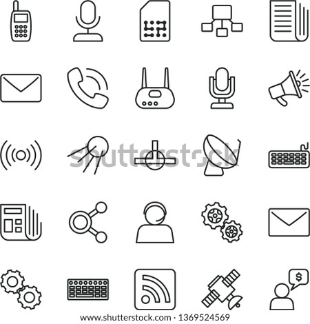thin line vector icon set - desktop microphone vector, rss feed, envelope, artificial satellite, gears, dish, SIM, connections, hierarchical scheme, horn, operator, morning paper, newspaper, mobile