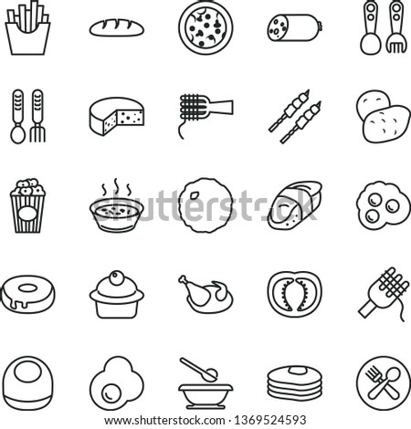 thin line vector icon set - baby bib vector, plates and spoons, plastic fork, iron, sausage, cheese, loaf, pizza, spaghetti, noodles, muffin, cake with a hole, porridge in saucepan, chicken, cabbage