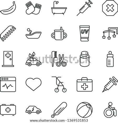 thin line vector icon set - heart symbol vector, mark of injury, first aid kit, toys over the cot, mug for feeding, bottle, powder, sitting stroller, mercury thermometer, baby bath ball, comb