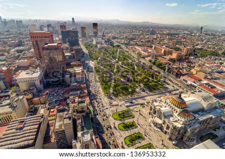 An aerial view of Mexico City and the Palace of Fine Arts Royalty-Free Stock Photo #136953332