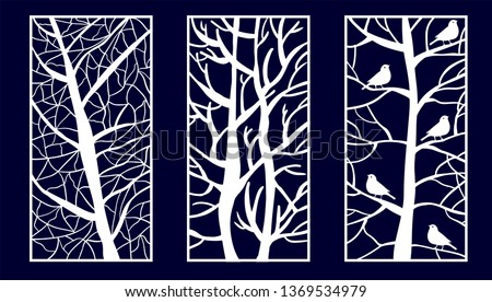 Set of Decorative laser cut panels with tree shapes. Vector Illustration.