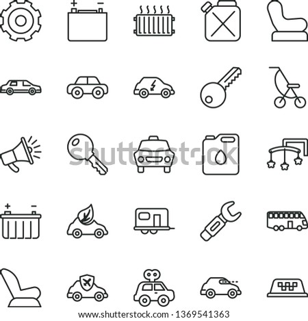 thin line vector icon set - truck lorry vector, toys over the cot, Baby chair, car child seat, summer stroller, motor vehicle, present, key, accumulator, battery, canister, of oil, eco, retro, horn