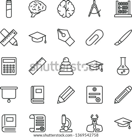 thin line vector icon set - tassel vector, clip, graphite pencil, yardstick, calculator, stacking rings, abacus, writing accessories, square academic hat, flask, scribed compasses, research article