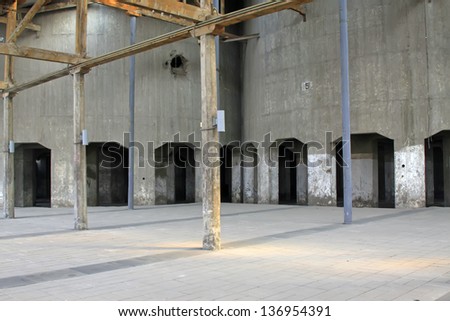 dilapidated building in a factory, closeup of photo