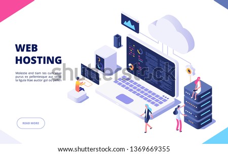 Web hosting concept. Cloud computing online database technology security computer web data center server isometric landing vector page Royalty-Free Stock Photo #1369669355