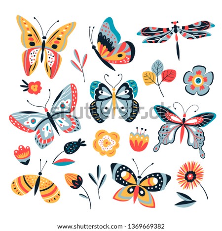 Color drawing butterfly. Butterflies moth and flowers. Vintage insects vector collection