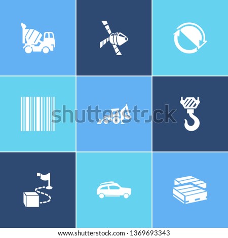 Transportation icon set and space vehicle with suv, barcode and easy returns. Crane related transportation icon vector for web UI logo design.