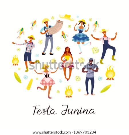 Festa Junina poster with dancing people, musicians, lanterns, bonfire, Portuguese text. Isolated objects on white. Hand drawn vector illustration. Flat style design. Concept for holiday banner, flyer.