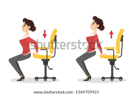 Woman doing exercise sitting on the chair in office. Workout during the break. Stretching back. Body relaxation. Vector illustration in cartoon style