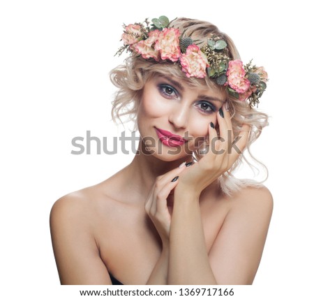 Beautiful Model with Short Haircut, Makeup, Manicured Nails and Flowers Isolated on White