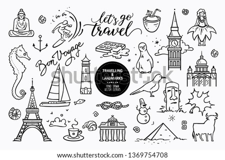European sights, landmarks all around the world, travel icons, marine cruise icons. Vector collection of hand drawn doodle style clipart illustration places of interest isolated on white background.