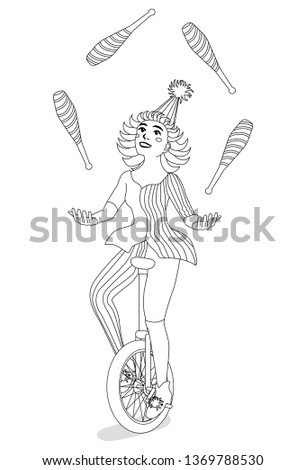 Girl juggler on a unicycle for coloring book
