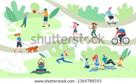 People relaxing in nature in a beautiful urban park. Flat figures of human walking outdoors. Outdoor activities