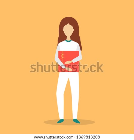 Woman carrying big gift box. Person holding present with a bow. Big surprise. Isolated flat vector illustration