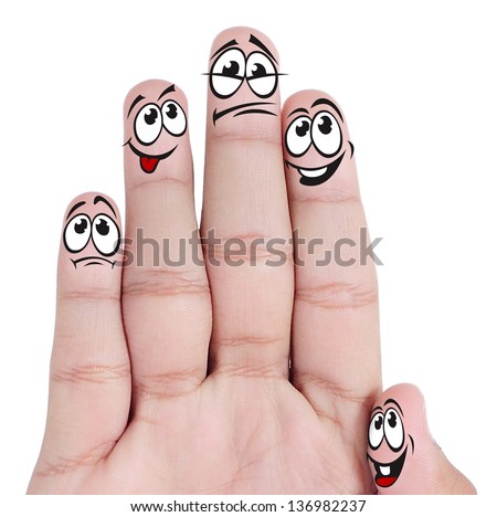 group of facial expressions on five fingers, isolated on white background