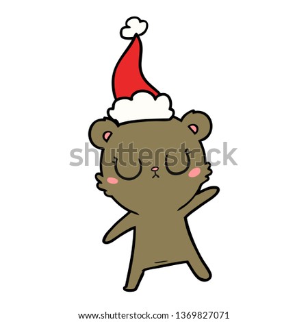 peaceful hand drawn line drawing of a bear wearing santa hat