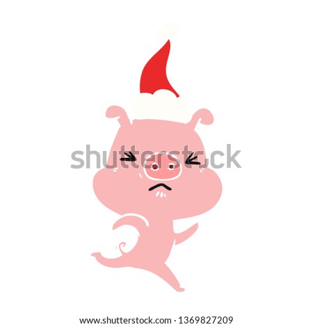 hand drawn flat color illustration of a annoyed pig running wearing santa hat