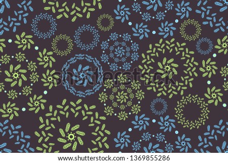 Vector seamless pattern of round ornaments with green and blue leaves. Isolated elements on chocolate background. Spring floral pattern.