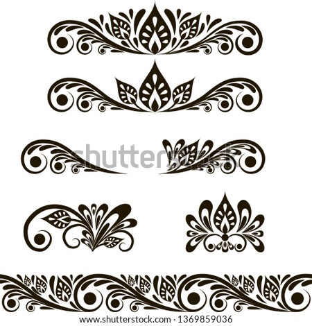 Vector set of decorative vintage elements. Swirl floral ornaments for design. Vignettes, motifs,  black and white, isolated elements. 
