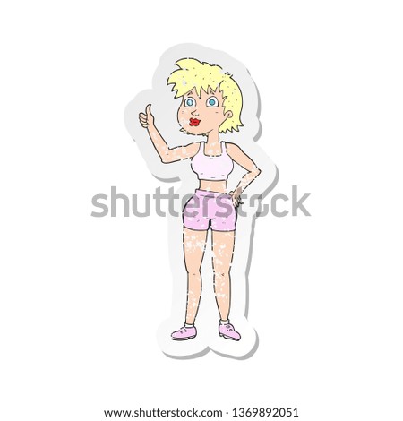 retro distressed sticker of a cartoon happy gym woman