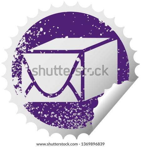 distressed circular peeling sticker symbol of a paper parcel