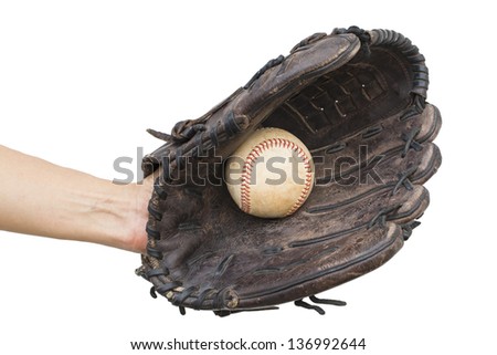 person catching baseball in leather baseball glove (with clipping path)