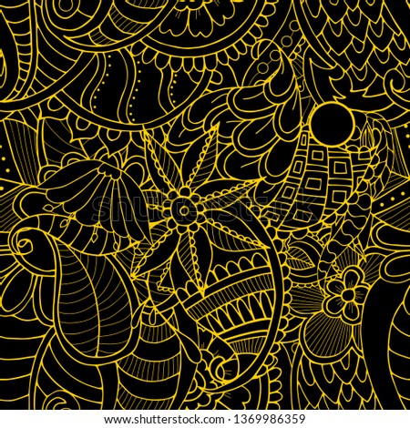Yellow lineart floral outline on black texture. Seamless detailed zentangle floral pattern. 
