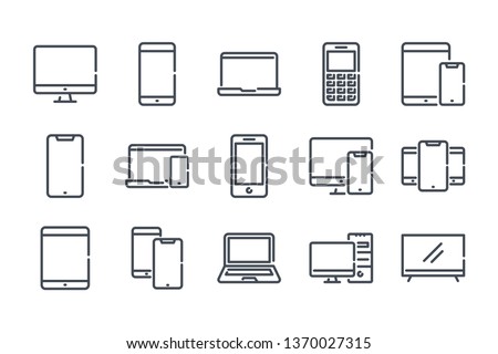 Electronics and devices related line icon set. Computers and mobile phones linear icons. Laptop, hardware and tablet outline vector sign collection. Royalty-Free Stock Photo #1370027315