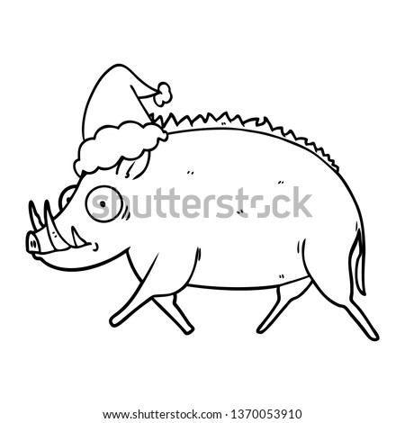 hand drawn line drawing of a wild boar wearing santa hat