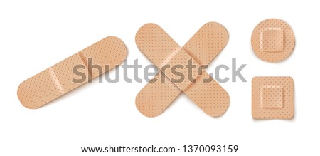 Vector set illustrations of band aids. Vector set aid bandages different forms. Royalty-Free Stock Photo #1370093159