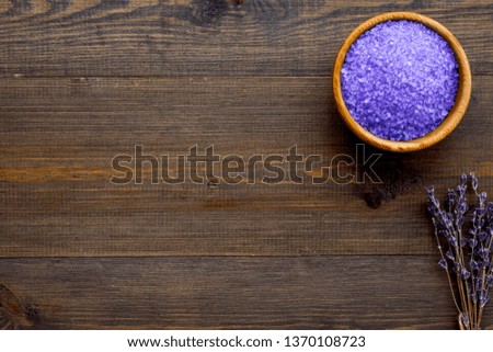 aroma therapy with lavender flower fragrance and spa salt on wooden background top view space for text