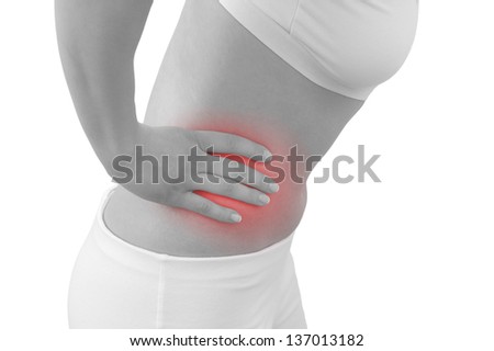 Acute pain in a woman kidney. Concept photo with blue skin with read spot indicating pain. Isolation on a white background