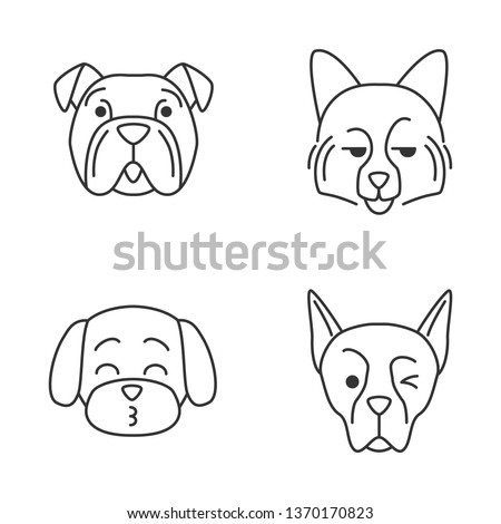 Dogs cute kawaii linear characters. Thin line icon set. Kissing Maltese. Smirking German Spitz. Winking Doberman. Animals with smiling muzzles. Vector isolated outline illustration. Editable stroke