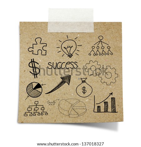 drawing business chart note taped recycle paper on white background