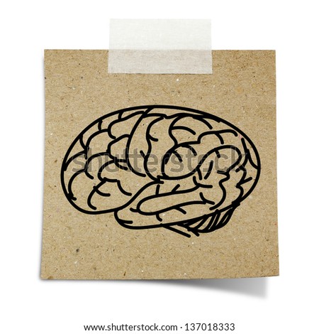 drawing brain note taped recycle paper on white background