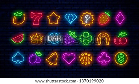 Vector set of neon gaming icons for casino. Neon signs for slot machines. Royalty-Free Stock Photo #1370199020