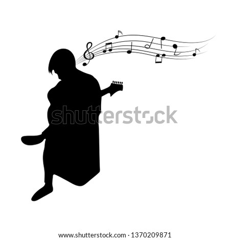 Silhouette musician plays the guitar on a white background, vector illustration. music sheet notes 