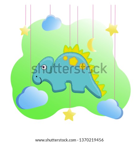 Funny dino print in the style of felt toys for the nursery. Funny stegosaurus with a yellow crest. Vector illustration of a dinosaur, moon, stars, clouds