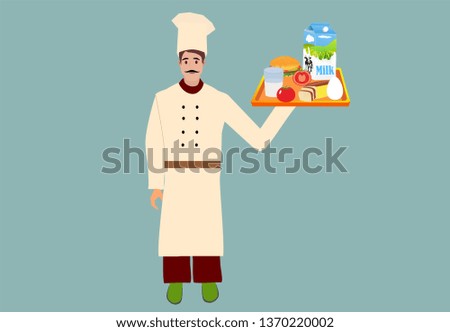 Cook with food on a tray, isolated vector