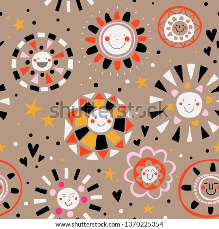 Seamless pattern of cute happy suns. Vector.