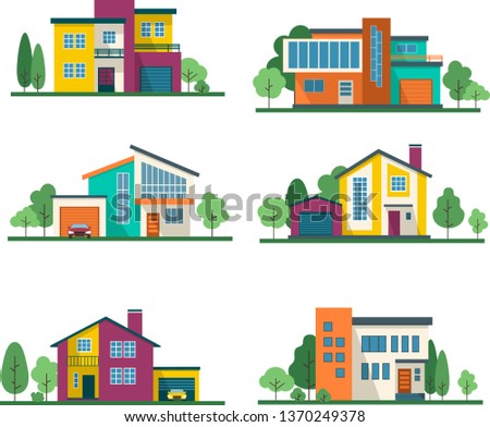 Set modern private houses in flat design style. Colorful residential  houses and trees. 