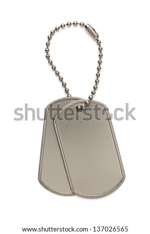 Military Silver Dog Tags on a Small Key Chain Isolated on White Background.