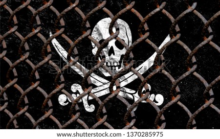 Immigration policy regarding migrants, illegal immigrants and refugees. Steel grid on the background of the flag of Pirates black