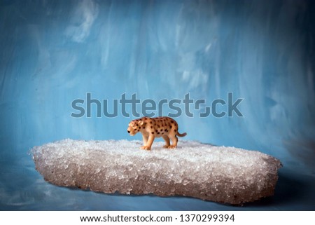 Toy saber tooth tiger on iceberg and blue sky background. Ice age, prehistoric animal on chunk of floating ice. Extinction concept or global warming.