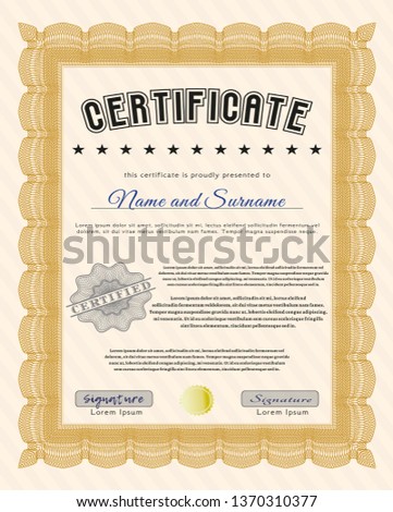 Orange Certificate. Beauty design. With guilloche pattern and background. Vector illustration. 