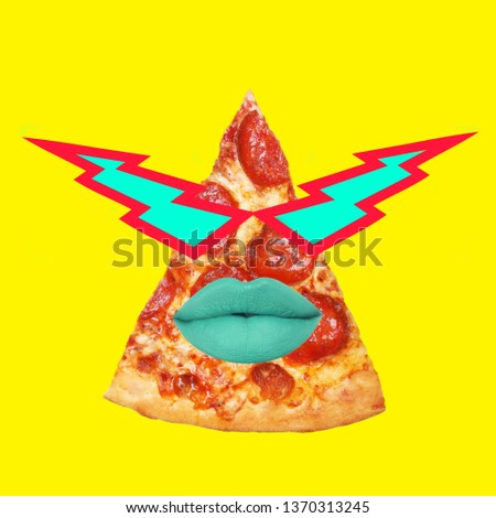 Contemporary art collage. Concept pizza with thunder eyes and blue lips.