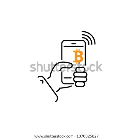 Bitcoin digital wallet color icon. E-payment. Cryptocurrency. Hand holding smartphone with bitcoin sign. Digital money transaction app. Isolated vector illustration