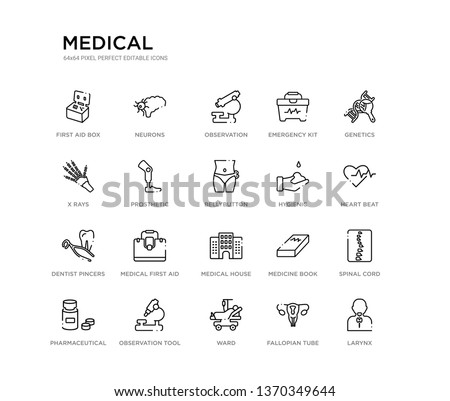 set of 20 line icons such as medical house, medical first aid kit, dentist pincers, hygienic, bellybutton, prosthetic, x rays, emergency kit, observation, neurons. medical outline thin icons