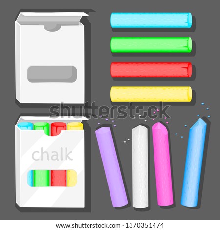 Multicolored crayons for drawing on a school blackboard or sidewalk. Chalk whole and with chipped edges. Empty box and packed chalk. Color fill isn't the gradient. Vector illustration. EPS 8. Royalty-Free Stock Photo #1370351474
